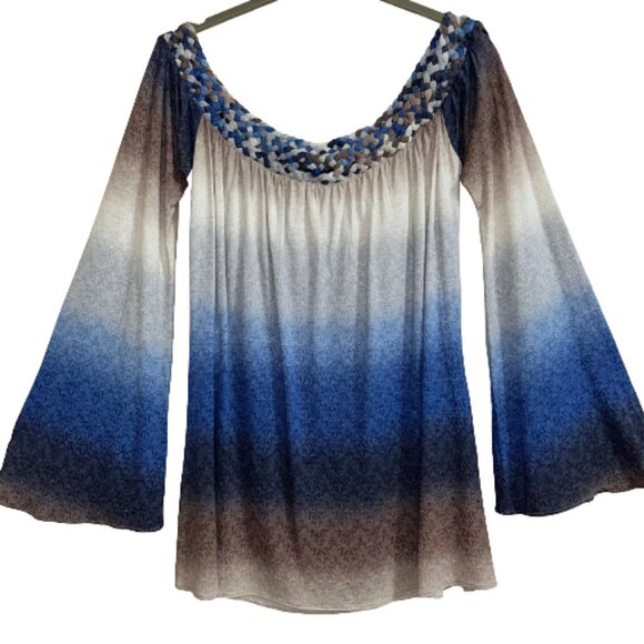 Sky Ombre Braided Neckline Boho Blouse Sky Blue Beige M L Tunic Top Boutique - Picture 1 of 9